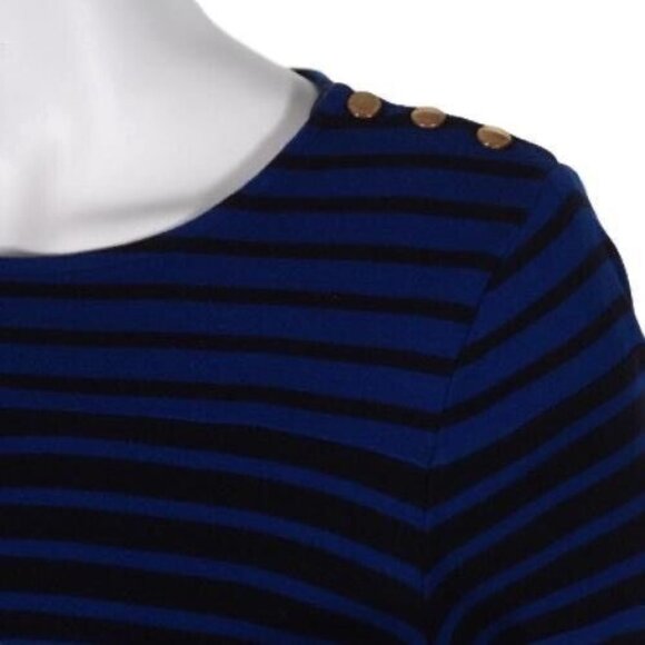 Charter Club Womens L Striped Blue & Black Pullover Top With Gold Button Accents - Picture 3 of 9